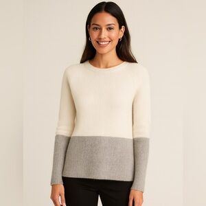 Ann Taylor Cashmere Sweater Womens SMALL Ivory & gray Crewneck Ribbed Pu…